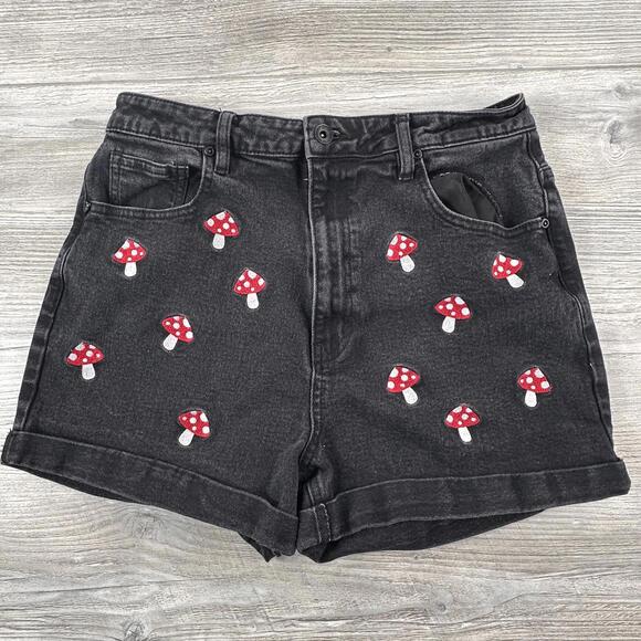 Hot Topic Pants - Hot Topic Denim Shorts Womens 11 Black Mushrooms All Over Cutoffs High Waist 30"